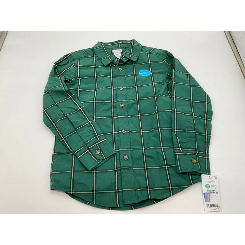 Carters Button Down Shirt Boys 6 Green Red Plaid 2 Pack Holiday School Classic